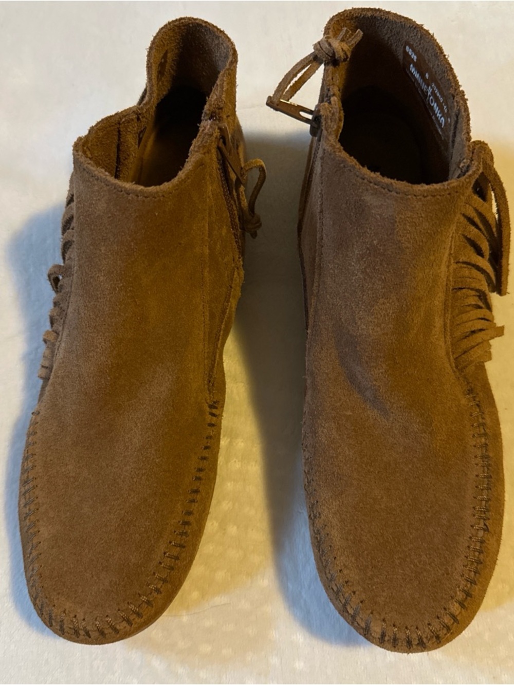 Minnetonka Chestnut Suede Fringe Moccasin Ankle Boots